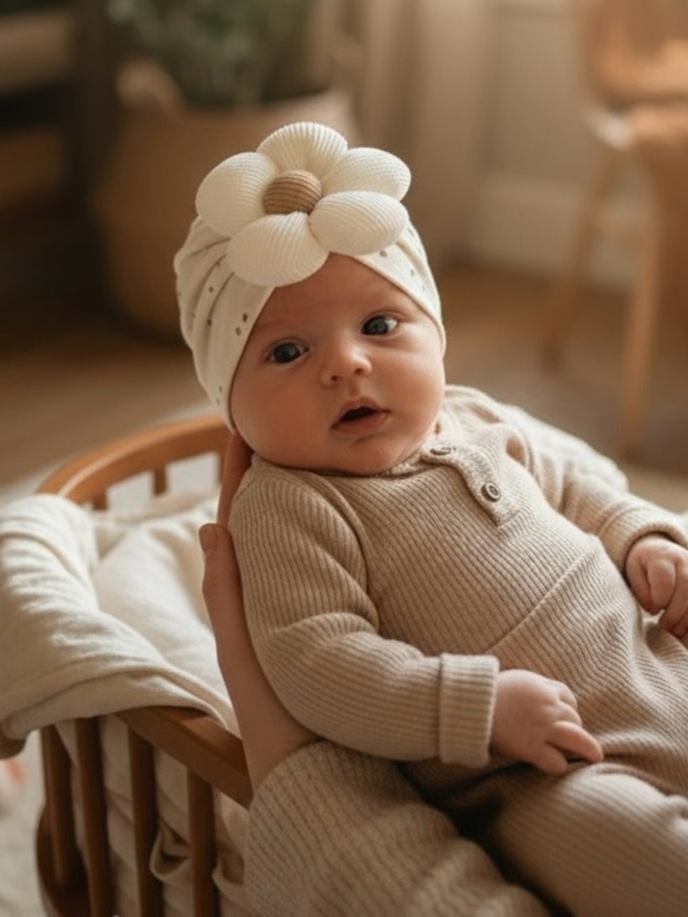 Handmade White Eyelet Lace Baby Turban Hat with Textured Flower NWT